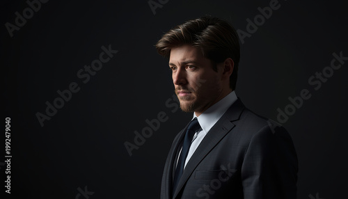 Handsome businessman portrait in dramatic studio lighting, confident thoughtful expression