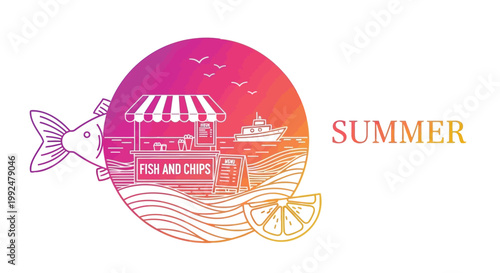 Summer food icons, colorful fish and chips logo, orange pink gradient, vector illustration