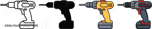 Electric power drill icon vector set cordless drill symbol for construction work carpentry tasks and home improvement projects