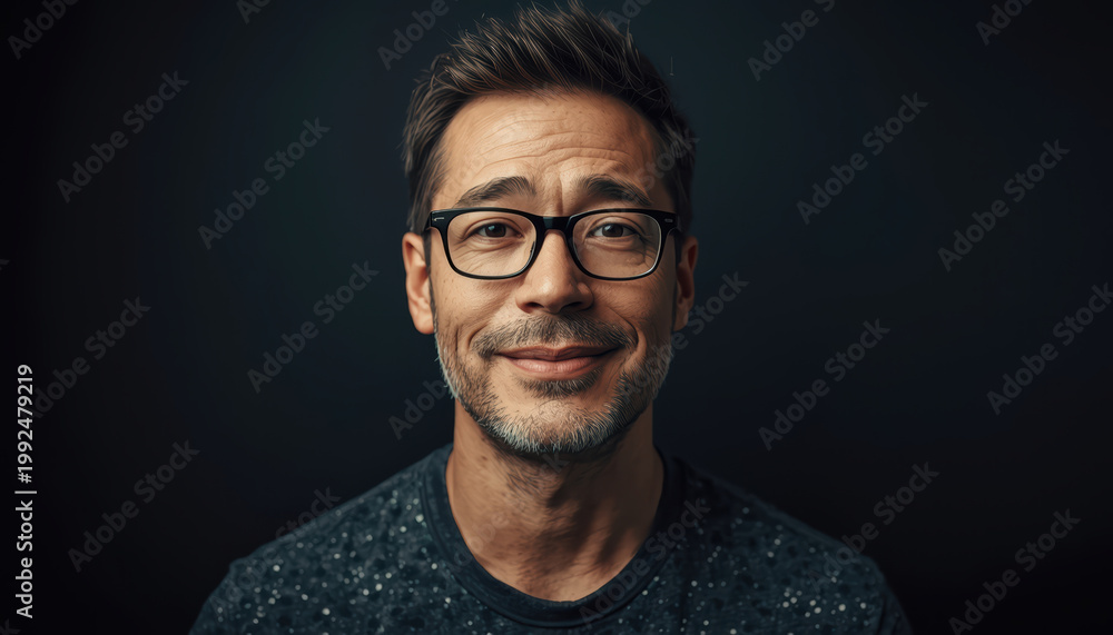 Fototapeta premium Middle aged man with warm smile wearing glasses and casual shirt, subtle studio lighting
