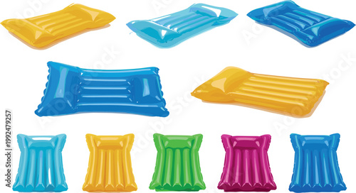 Colorful inflatable air mattress set for swimming pool and beach, glossy floating beds illustration isolated on white background summer leisure concept