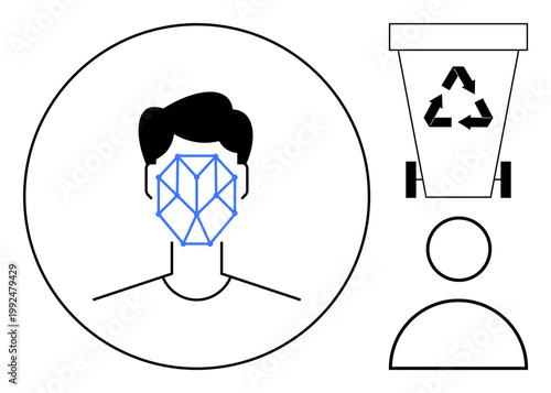 Data security, identity verification, technology ethics, face detection, environmental responsibility, AI algorithms. Human face with geometric recognition pattern and recycling bin graphic. Identity