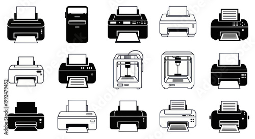 Collection of 3D Printers and Paper Printers Icons, Vector Flat Design