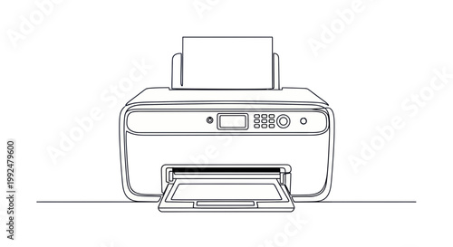 Modern Printer Line Art Illustration - Office Equipment and Technology