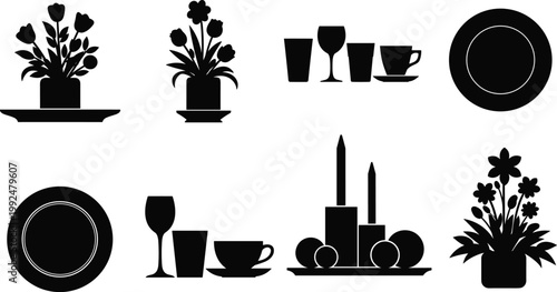 Elegant table setting silhouettes with dinnerware glasses floral arrangements and decorative candles