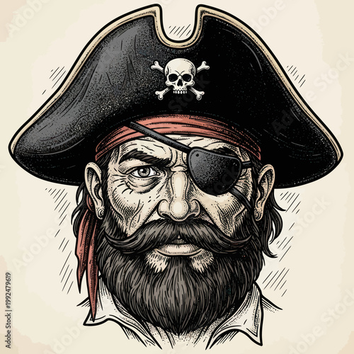 Pirate Captain Portrait, Bearded Man with Eye Patch and Skull Hat