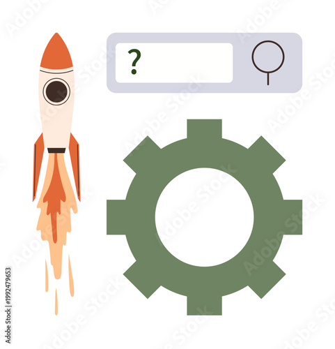 Innovation, problem-solving, technology, business growth, research tools, online search. A rocket launching beside a gear and a search bar with a question mark. Innovation and problem-solving concept