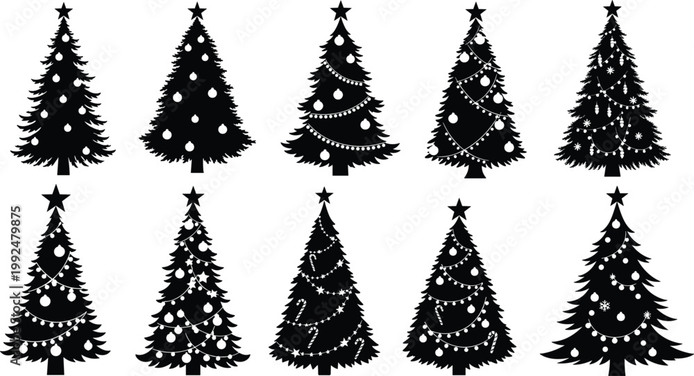 Fototapeta premium Set of ten black silhouettes of christmas trees with decorations isolated on white background