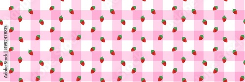 Cute strawberry pattern on pink gingham chequered background. Sweet red berry seamless texture for the cottagecore aesthetic and baby nursery.