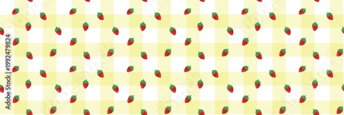 Strawberry fruit pattern on yellow gingham checkered background. Rustic red berry seamless texture for picnic theme, kitchen, and tablecloth.
