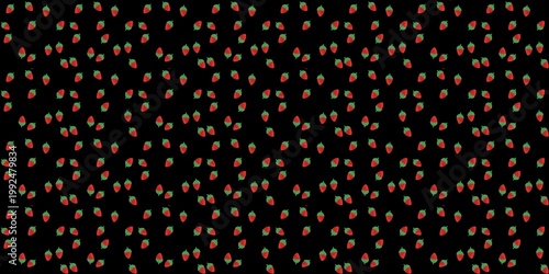 Strawberry fruit pattern on black background. A vibrant red berry seamless texture for bold fashion, modern textiles, and dark aesthetic design.