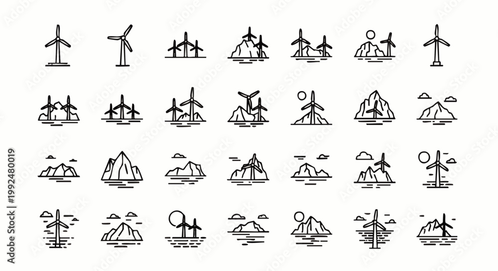 Naklejka premium Collection of minimalist line art icons featuring wind turbines in diverse landscapes, symbolizing renewable energy, sustainable power, and green technology.