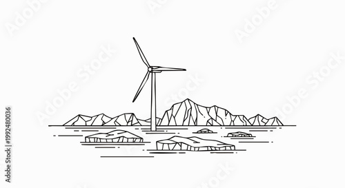 Minimalist line art of a wind turbine in a stark mountainous landscape with floating ice, symbolizing renewable energy, environmental sustainability, and climate action.