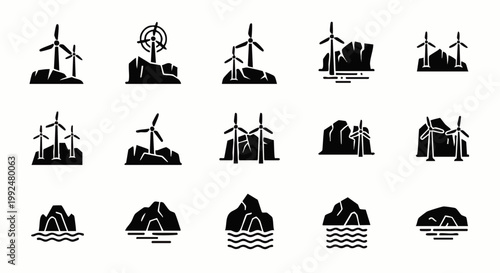 Set of black and white icons depicting wind turbines on rocky hills and islands, representing renewable energy and nature.