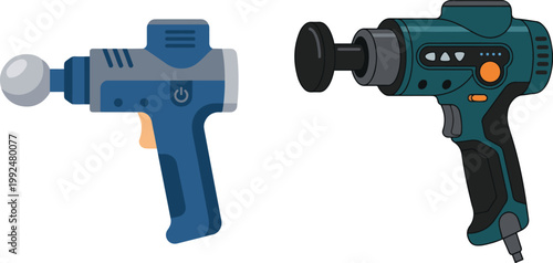 Vector illustration of handheld electric massage guns in different designs, representing muscle recovery devices and modern wellness equipment.