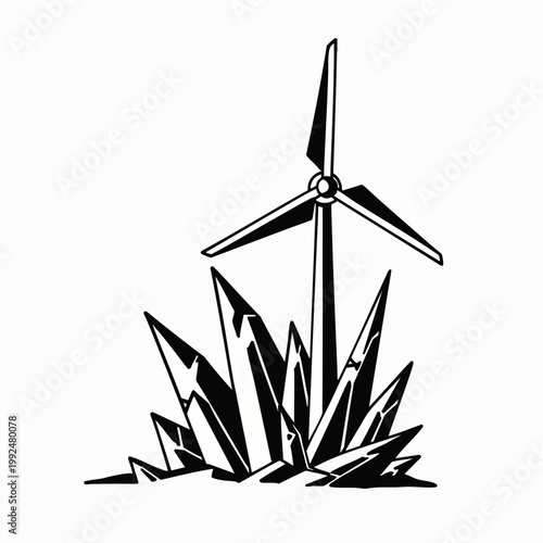 Monochromatic graphic illustration of a modern wind turbine amidst sharp, abstract crystalline forms, symbolizing sustainable energy and environmental innovation.