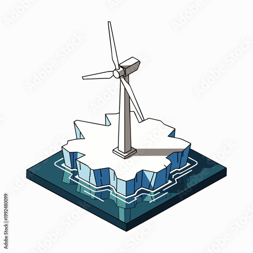 Isometric wind turbine on a melting ice floe in the ocean, representing renewable energy and climate change challenges.