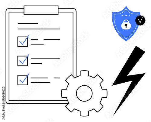 Data security concept. Data security by a shield and lock icon, checklist for improving protection, and gear for process optimization. Applicable to cybersecurity, compliance, processes, workflows