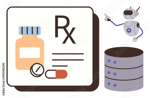 Healthcare technology, AI-driven solutions, pharmaceutical innovation, data storage, automation, prescription tools. Visual of RX, pills database and AI robot pointing. AI-driven solutions