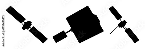 Satellite set with black silhouette on white background featuring space, navigation, technology with orbit and distance in space