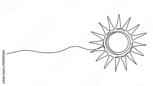 Continuous single line drawing of a radiant sun symbol.