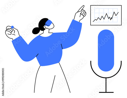 Business communication, data analysis, presentation skills, remote meetings, podcast creation, digital interaction. Woman pointing toward a graph with a microphone. Business communication and data