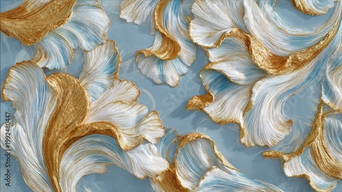 Abstract floral shapes formed by thick, sweeping brushstrokes of 3D gold and white enamel. Pale blue silk background. Luxurious 3D sculptural relief
