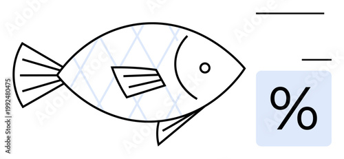Marine analytics, fishing industry, sustainability, economic data, environmental impact, calculations. Fish outline with percentage symbol and geometric patterns. Marine analytics and fishing