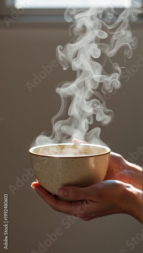 hand holding small bowl white smoke coming out bowl appears ceramic porcelain has speckled pattern smoke white billowing upwards creating wispy effect background blurred seems room window beige wall