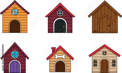 Cute dog house set with different wooden kennel designs, colorful pet shelters illustration isolated on white background for animal care concept