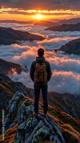 man standing top mountain peak overlooking beautiful landscape wearing black jacket blue jeans brown boots has backpack his back man facing away camera his back towards horizon sky filled orange