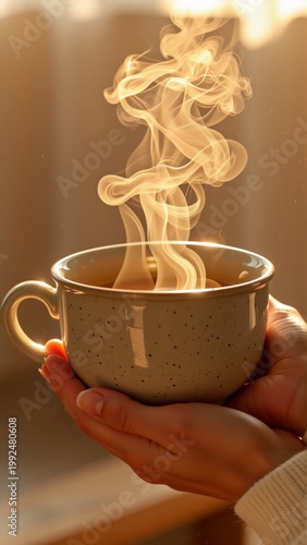 hand holding white ceramic cup handle cup filled steaming hot beverage possibly coffee tea steam cup rising into air creating wispy effect background blurred appears room window lamp overall mood