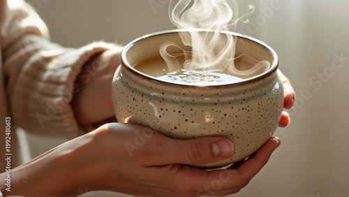 pair hands holding small ceramic bowl bowl light brown color small black speckles person hands gently cradling bowl their fingers slightly curled around edges background blurred appears room window