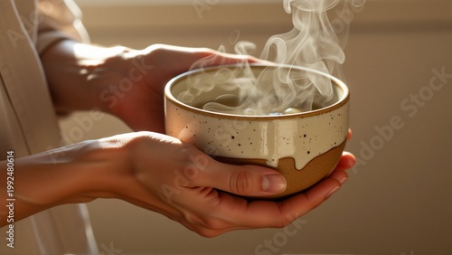 pair hands holding small ceramic bowl bowl white black speckles appears ceramic hands cupped around bowl fingers slightly curled around edges background blurred seems room window plant focus hands
