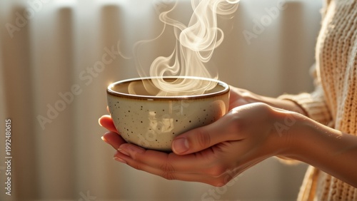 pair hands holding small ceramic cup coffee cup white small black speckles has handle one side person wearing beige sweater holding cup both hands background blurred appears room window curtain