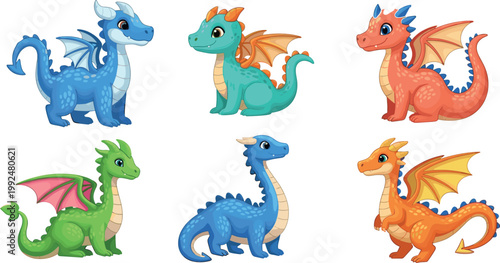Cute cartoon dragon characters set colorful fantasy creatures collection adorable baby dragons vector illustration isolated on white background