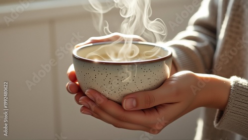 pair hands holding white ceramic cup black speckles cup appears filled steaming hot beverage possibly coffee tea steam cup rising into air creating wispy effect background blurred seems room window