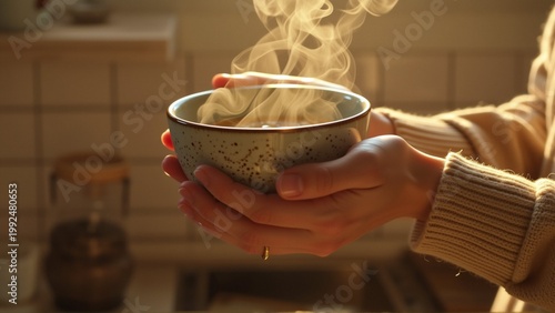 person hands holding cup coffee person wearing beige sweater has gold ring their finger cup white black speckles appears ceramic coffee steaming indicating freshly brewed background blurred seems