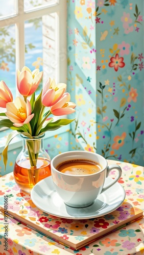 table cup coffee vase pink yellow tulips table covered colorful tablecloth floral pattern vase glass has yellow ribbon tied around next vase stack books background window blue curtains floral