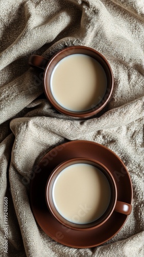 two brown ceramic cups saucers placed beige fabric background cups filled creamy white liquid which appears milk cream saucer also brown has handle one side fabric background light beige color subtle