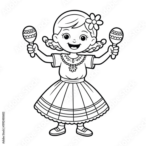 Girl holds maracas while wearing a traditional dress for a cultural celebration.