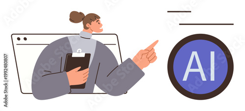 Artificial intelligence, technology education, data analysis, innovation, business strategy, digital tools. Woman holding a clipboard pointing at an AI icon. Artificial intelligence and technology