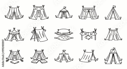 Collection of various outline tent icons for camping, outdoor adventures, glamping, and travel. Simple black and white vector illustrations set.