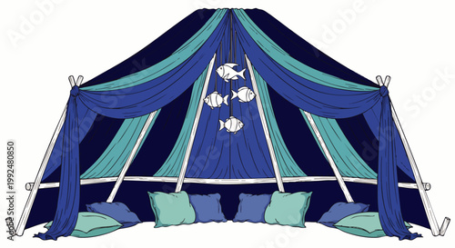 Cozy blue and teal fabric canopy tent with fish decorations and cushions, creating a relaxing and inviting play space for children or adults.