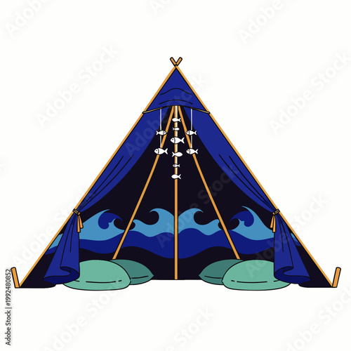 Cozy blue teepee tent with ocean wave patterns and a charming fish mobile, perfect for relaxation, indoor camping, or a themed children's play area.