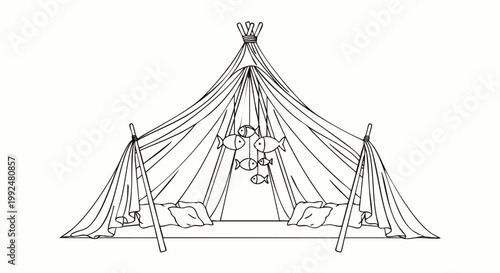 Hand-drawn line art illustration of a cozy bohemian teepee tent setup, perfect for glamping, outdoor events, or a relaxed nature retreat with decorative elements.