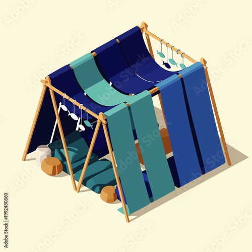 Cozy homemade tent made of fabric and branches, with cushions and decorative elements, isolated on a light background.