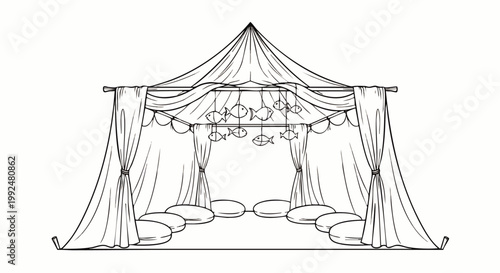 Elegant line art illustration of a luxurious outdoor canopy tent with flowing drapes, comfortable pillows, and whimsical fish decorations, perfect for relaxation or event design.