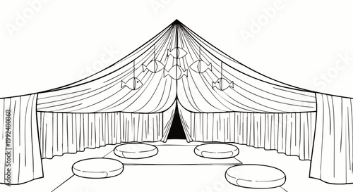 Elegant Marquee Tent Interior with Drapes and Seating, Hand-Drawn Illustration for Events and Celebrations