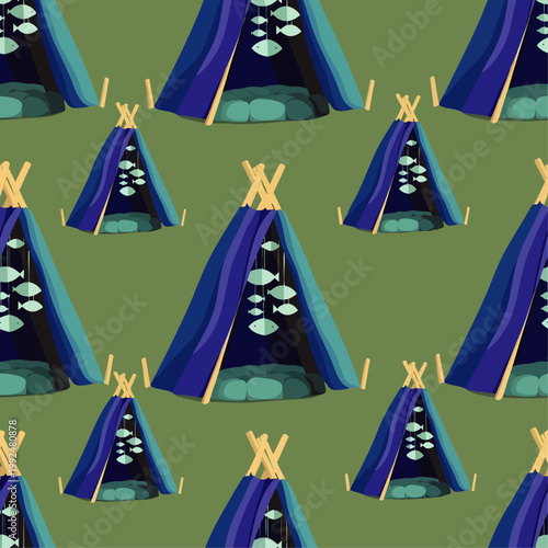Seamless pattern of blue teepee tents with hanging fish decorations on a green background. Whimsical illustration for camping, nature, or children's design projects, perfect for textiles or digital
